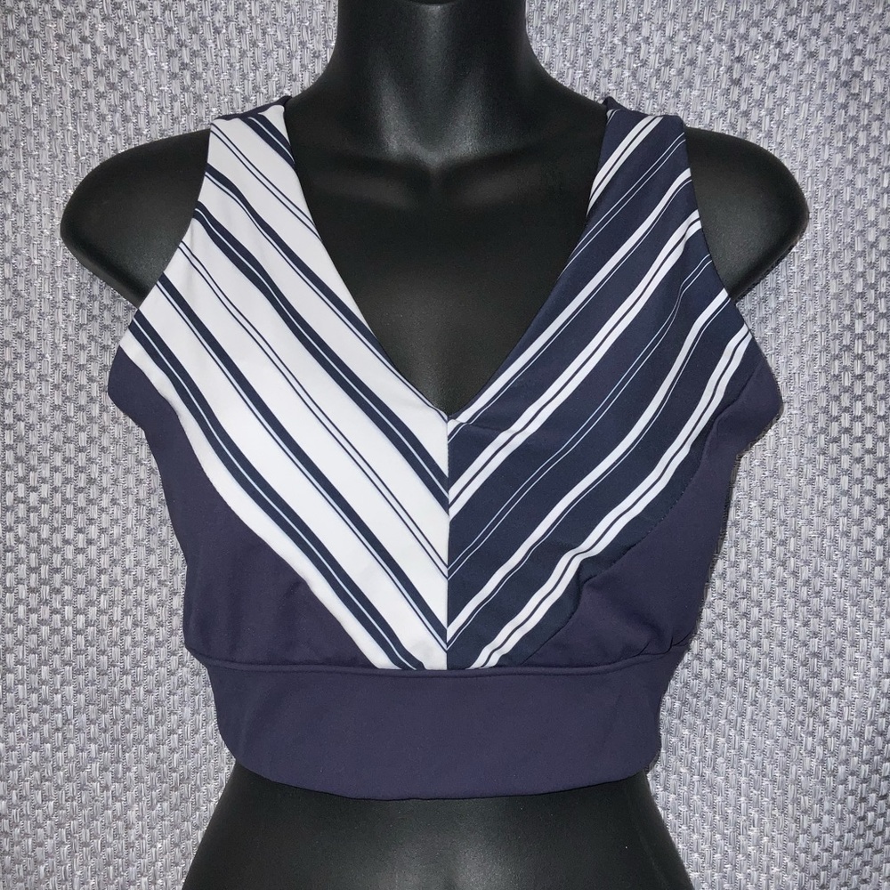 Enavant Calypso Blue White Stripe Wide Criss Cross Straps sports bra top…